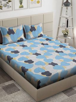 FABINALIV - Blue Floral 300 TC Cotton Blend King Bedsheet with 2 Pillow Covers