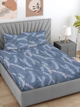 FABINALIV - Blue Floral 300 TC Cotton Blend King Bedsheet with 2 Pillow Covers