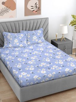 FABINALIV - Blue Floral 300 TC Cotton Blend King Bedsheet with 2 Pillow Covers