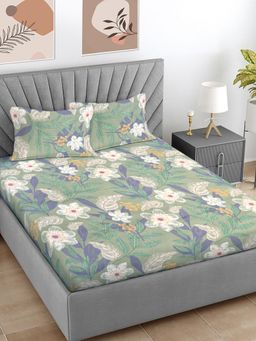 FABINALIV - Green Floral 300 TC Cotton Blend King Bedsheet with 2 Pillow Covers