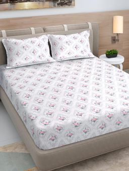 FABINALIV - Cream Floral 300 TC Cotton Blend King Bedsheet with 2 Pillow Covers