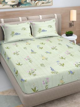 FABINALIV - Green Floral 300 TC Cotton Blend King Bedsheet with 2 Pillow Covers