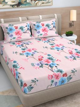 FABINALIV - Multi-Color Floral 300 TC Cotton Blend King Bedsheet with 2 Pillow Covers
