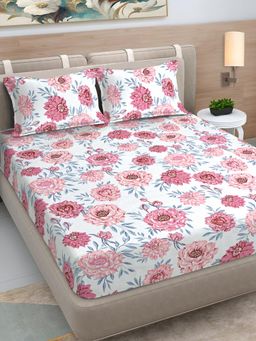 FABINALIV - Multi-Color Floral 300 TC Cotton Blend King Bedsheet with 2 Pillow Covers