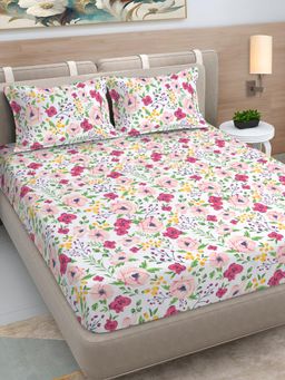 FABINALIV - Multi-Color Floral 300 TC Cotton Blend King Bedsheet with 2 Pillow Covers