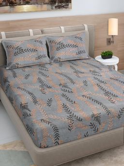 FABINALIV - Grey Floral 300 TC Cotton Blend King Bedsheet with 2 Pillow Covers