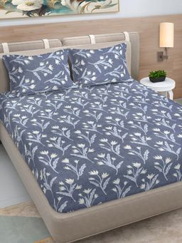 FABINALIV - Blue Floral 300 TC Cotton Blend King Bedsheet with 2 Pillow Covers