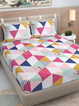 FABINALIV - Multi-Color Geometric 300 TC Cotton Blend King Bedsheet with 2 Pillow Covers