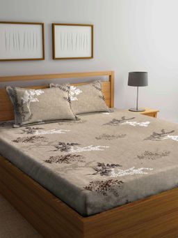 FABINALIV - Brown Floral 300 TC Cotton Blend King Bedsheet with 2 Pillow Covers