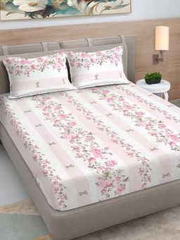 FABINALIV - Pink Floral 300 TC Cotton Blend King Bedsheet with 2 Pillow Covers