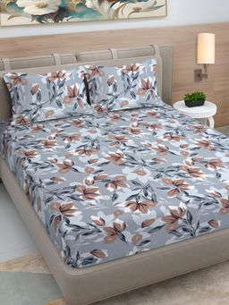 FABINALIV - Multi-Color Floral 300 TC Cotton Blend King Bedsheet with 2 Pillow Covers