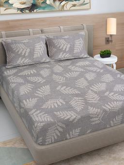 FABINALIV - Grey Floral 300 TC Cotton Blend King Bedsheet with 2 Pillow Covers
