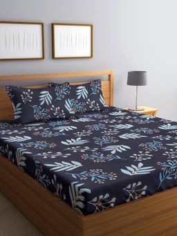 FABINALIV - Blue Floral 300 TC Cotton Blend King Bedsheet with 2 Pillow Covers