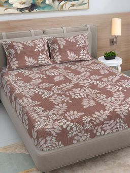 FABINALIV - Brown Floral 300 TC Cotton Blend King Bedsheet with 2 Pillow Covers
