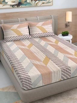 FABINALIV - Multi-Color Abstract 300 TC Cotton Blend King Bedsheet with 2 Pillow Covers