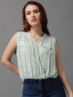 SHOWOFFFF - Womens Vertical Stripes V-neck Green High-low Regular Top