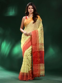 CHARUKRITI - Yellow Handspun Cotton Handwoven Saree with Unstitched Blouse