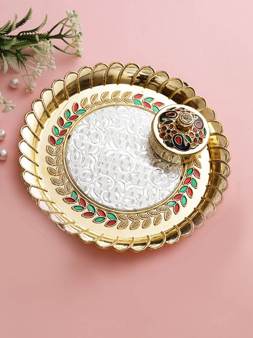 AAPNO RAJASTHAN Gold Pleated Stylish Pooja Thali with Small Meenakari Decorated Box