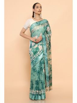Soch - Women Green Chanderi Printed Saree with Unstitched Blouse
