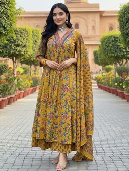 Gahan - Rayon Floral Printed A-Line Yellow Kurta with Printed Palazzo & Dupatta (Set of 3)