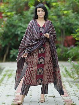 Gahan - Womens Viscose Rayon Straight Printed Kurta with Pant & Dupatta-Maroon