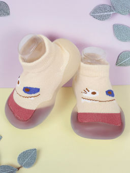 Baby Moo - Cute Eye Anti-Skid Slip-On Rubber Sole Shoes - Cream, Maroon