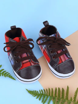 Baby Moo - High Top Lace-Up Checked Stylish Sneaker Booties - Red