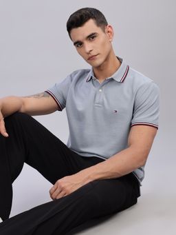 Tommy Hilfiger - Men Grey Cotton Collar Neck Polo T-Shirt