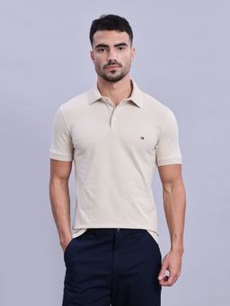Tommy Hilfiger - Men Beige Cotton Collar Neck Polo T-Shirt