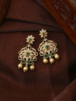 Estele - Gold Plated Cz Enchanting Drop Earrings With Pearl And Green Crystals For Women