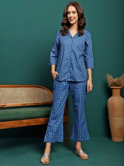 Gahan - Bandia Blue and White Ikkat Printed Shirt Style Co-Ord (Set of 2)