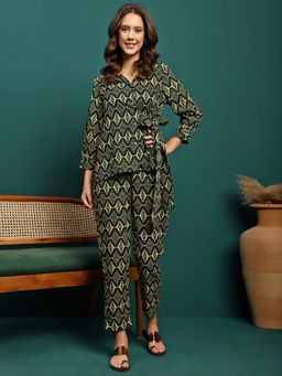Gahan - Bandia Green and Cream Geometric Printed Side Tie Up Co-Ord (Set of 2)