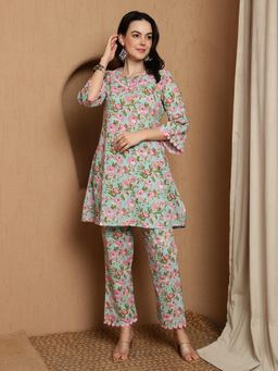 Gahan - Bandia Sea Green and Pink Floral Co-Ord with Lace Embellishment (Set of 2)