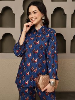 Gahan - Bandia Blue & Red Peacock Printed Shirt Style Co-Ord (Set of 2)