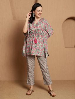 Gahan - Bandia Sea Green and Pink Floral Printed Kaftan Style Co-Ord (Set of 2)