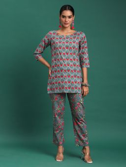 Gahan - Bandia Grey and Pink Floral Printed Co-Ord (Set of 2)