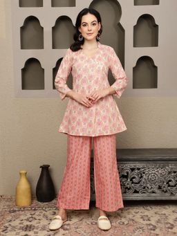 Gahan - Bandia Cotton Peach Floral Printed Co-Ord (Set of 2)