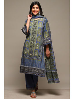 Biba - Womens Blue Printed Rayon Straight Suit (Set of 3)