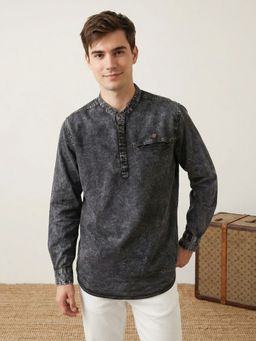 KUONS AVENUE - Men Black Washed Denim Mandarin Collar Kurta