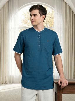KUONS AVENUE - Men Teal Blue Mandarin Collar Short Kurta
