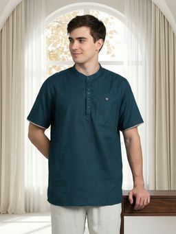 KUONS AVENUE - Men Petrol Teal Mandarin Collar Short Kurta