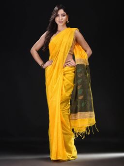 Beatitude - Yellow Blended Cotton Woven Saree with Unstitched Blouse