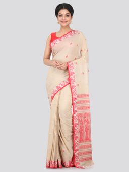 PinkLoom - Women's Cotton Saree With Unstitched Blouse Piece,Beige