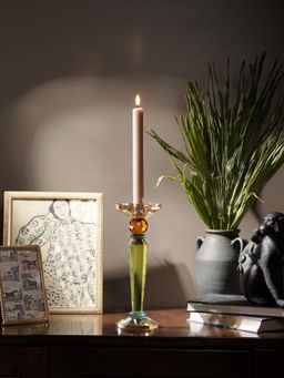 Pure Home + Living - Green 3 Tone Cut Glass Tall Candle Holder