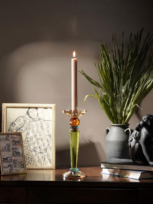 Pure Home + Living Green 3 Tone Cut Glass Tall Candle Holder