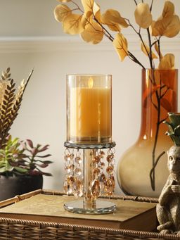 Pure Home + Living - Brown Light Amber Glass Candle Holder with Hanging Crystals