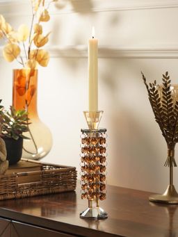 Pure Home + Living - Brown Tapered Candle Holder with Hanging Crystals