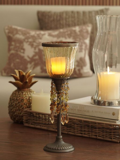 Pure Home + Living Gold Amber Tall Glass Hurricane Candle Holder