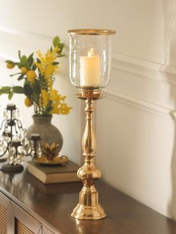 Pure Home + Living - Amber & Gold Glass Hammered Hurricane Candle Holder
