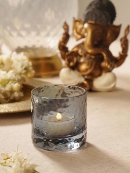 Pure Home + Living - Grey Textured Glass Tea Light Candle Holders (Pack of 2)